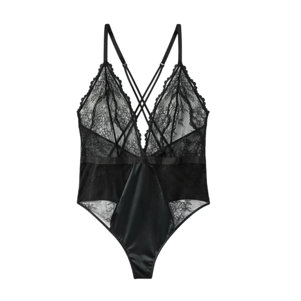 Auden Women's Black Unlined Lace Thong Bodysuit L Strappy Sheer Lingerie